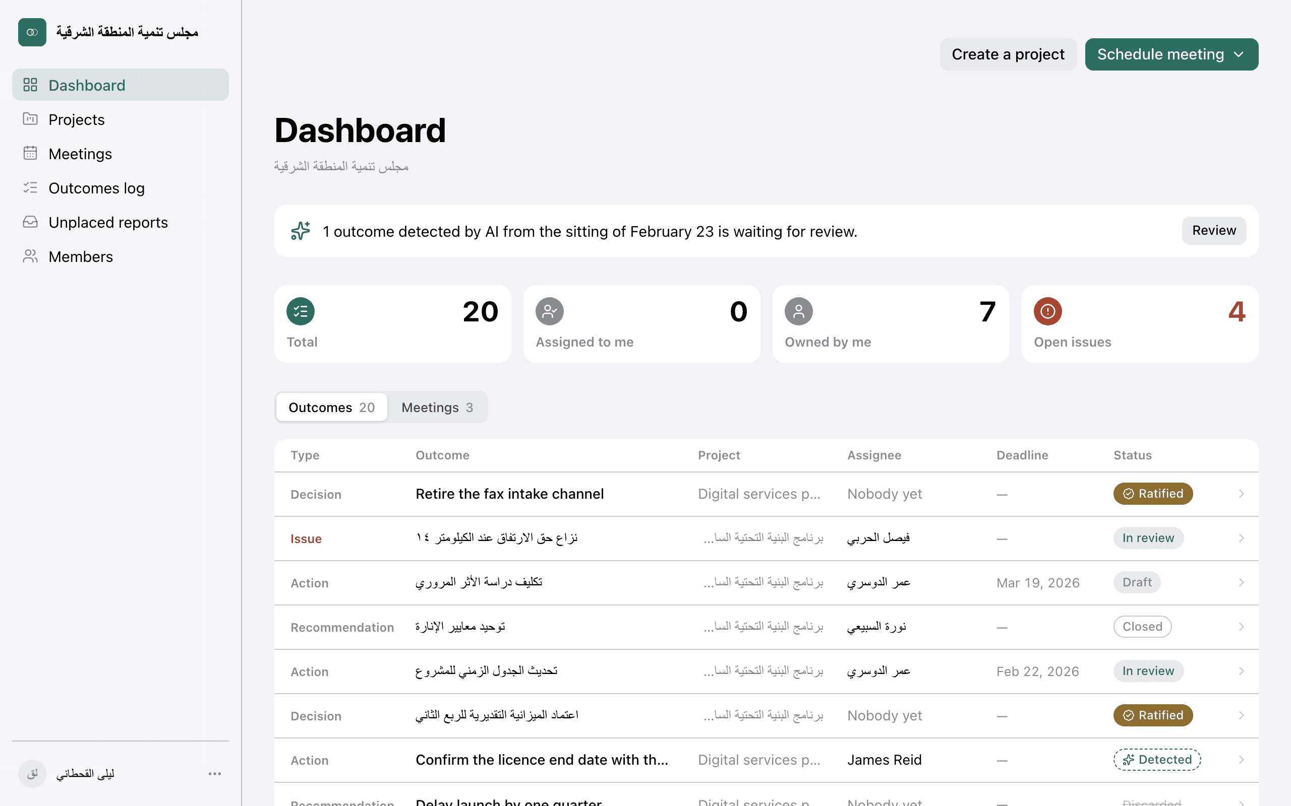 The Meetverse dashboard: outcome counts, and every open decision, action and issue in one table